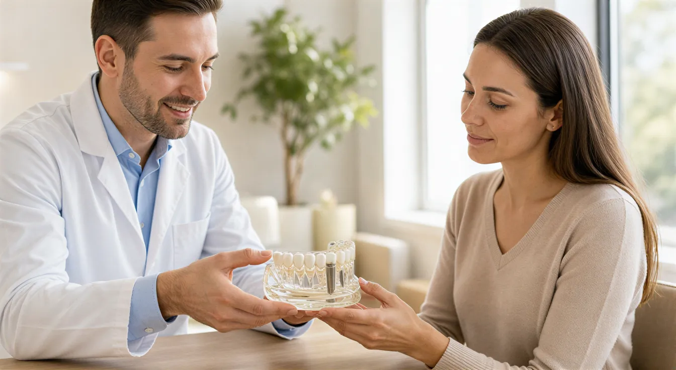 Ein Zahnarzt übergibt ein durchsichtiges 3D-Modell eines Kiefers an eine Patientin in einem modernen Behandlungsraum.