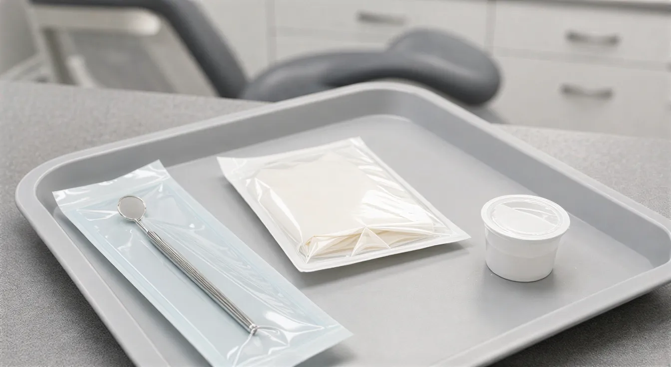 Ein steriler Zahnarzttisch mit Instrumenten und Handschuhen, im Hintergrund ein moderner Behandlungsstuhl.