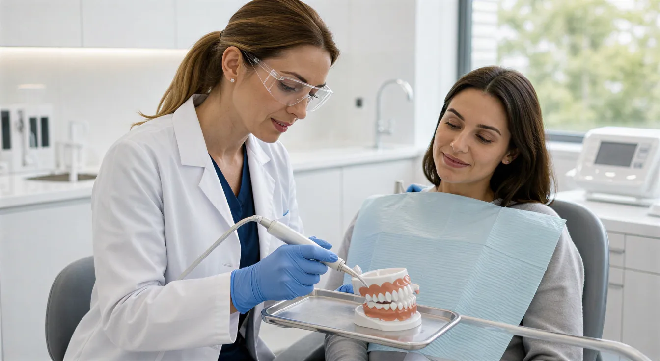Eine Zahnärztin demonstriert eine professionelle Zahnreinigung an einem Modellgebiss vor einer entspannten Patientin.