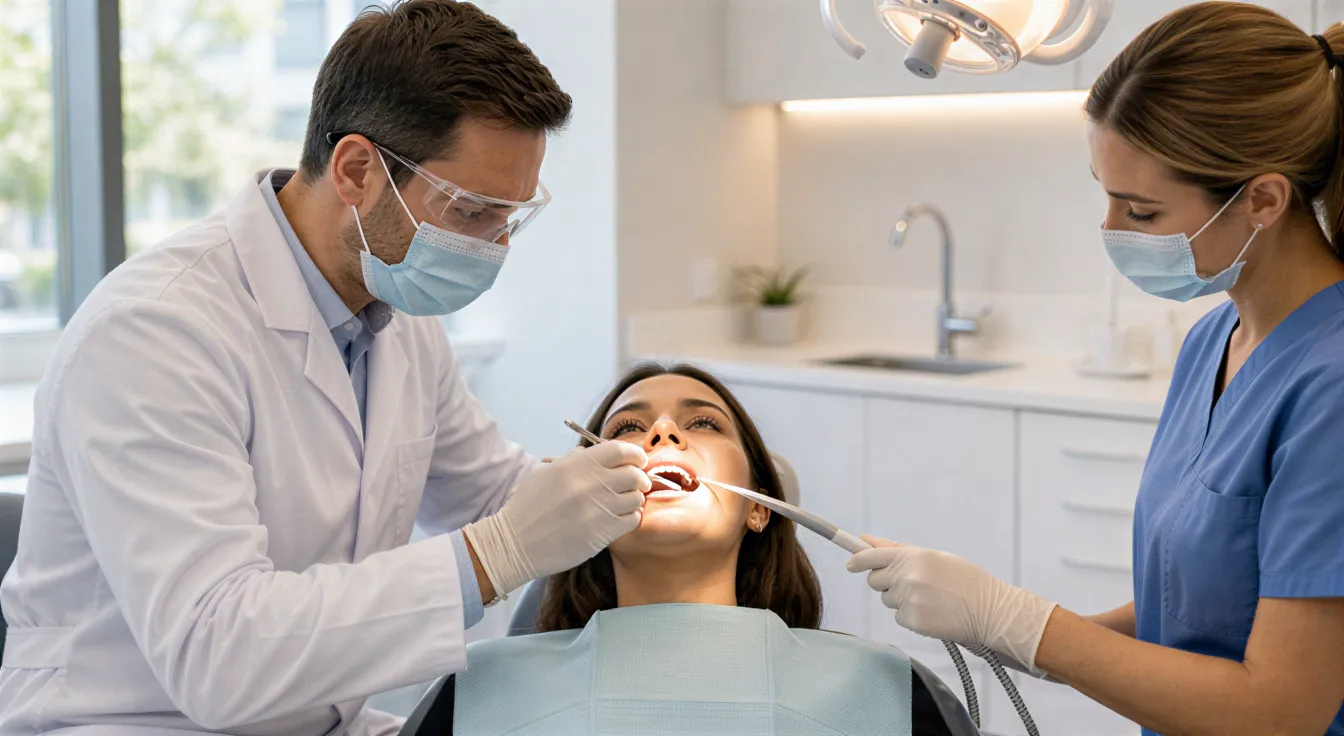 Ein Zahnarzt und eine Assistentin behandeln einen Patienten in einem modernen, hellen Behandlungszimmer.