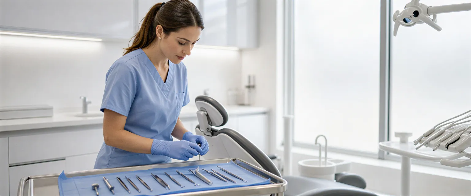 Eine Zahnärztin in blauen Kitteln bereitet sterile Instrumente in einem modernen Behandlungszimmer vor.