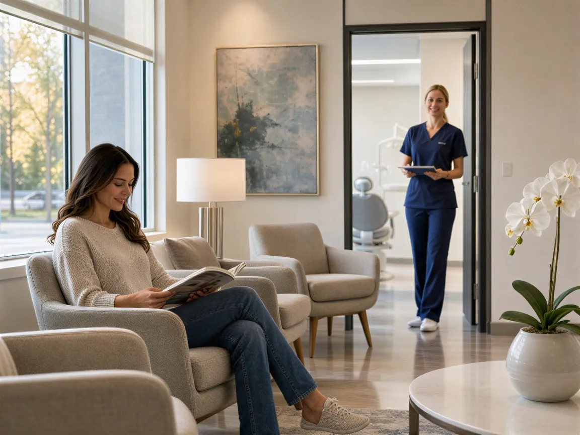Ein Patient liest in einem modernen Zahnarztwartezimmer, eine Hygienikerin lächelt in der Tür.