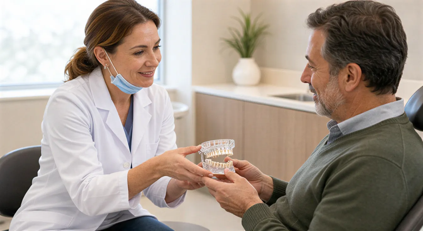Eine Zahnärztin übergibt einem Patienten ein transparentes Gebissmodell in einem hellen Behandlungszimmer.
