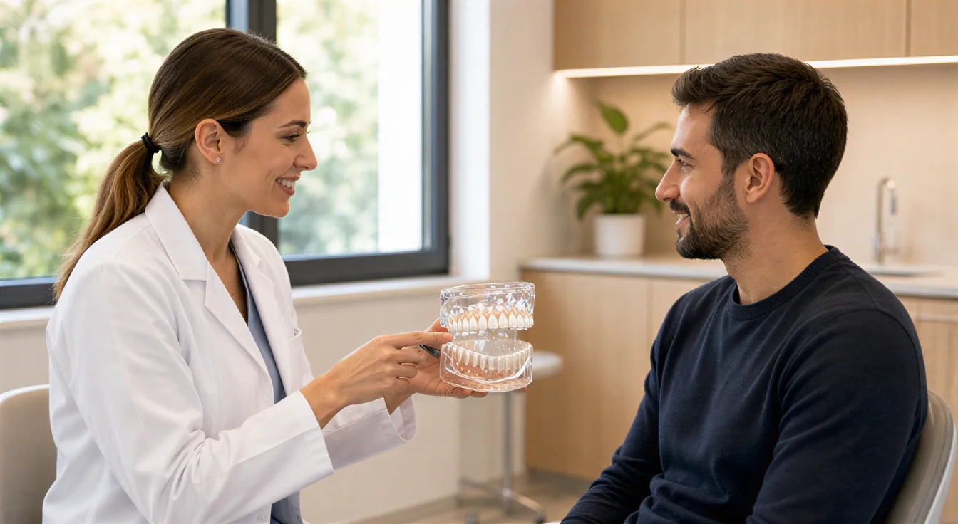 Eine Zahnärztin erklärt einem Patienten einen Eingriff an einem transparenten Kiefermodell in einem hellen Behandlungszimmer.