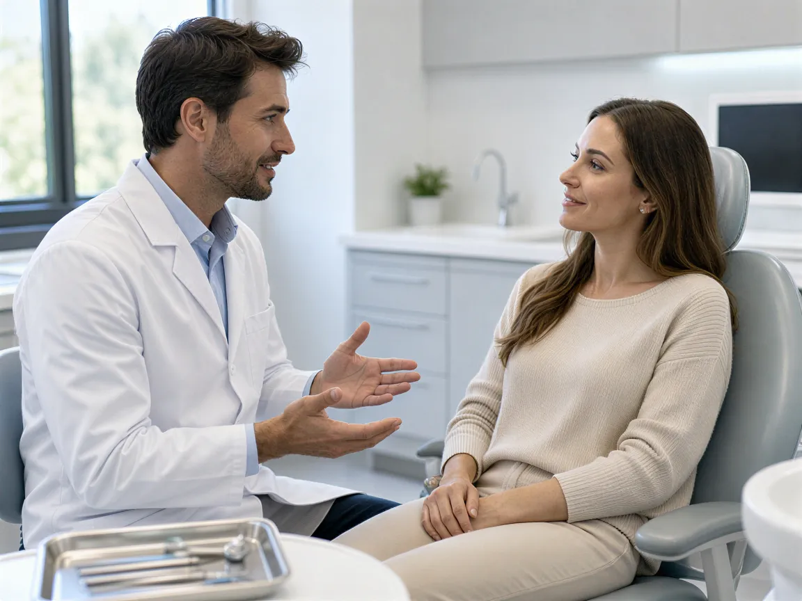 Ein Zahnarzt erklärt einer aufmerksamen Patientin einen Behandlungsplan in einem modernen Behandlungszimmer.