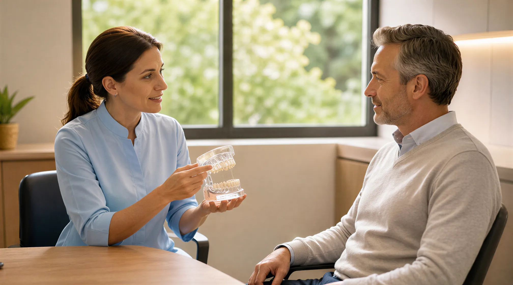 Eine Zahnärztin zeigt einem Patienten ein transparentes Gebissmodell in einem modernen, hellen Behandlungsraum.