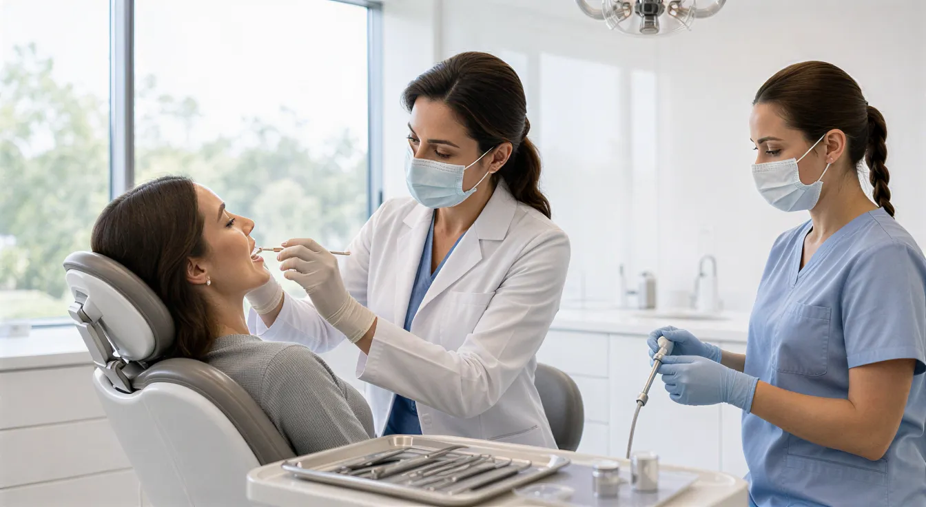 Eine Zahnärztin und eine Helferin behandeln einen Patienten in einem modernen Behandlungszimmer mit großem Fenster.