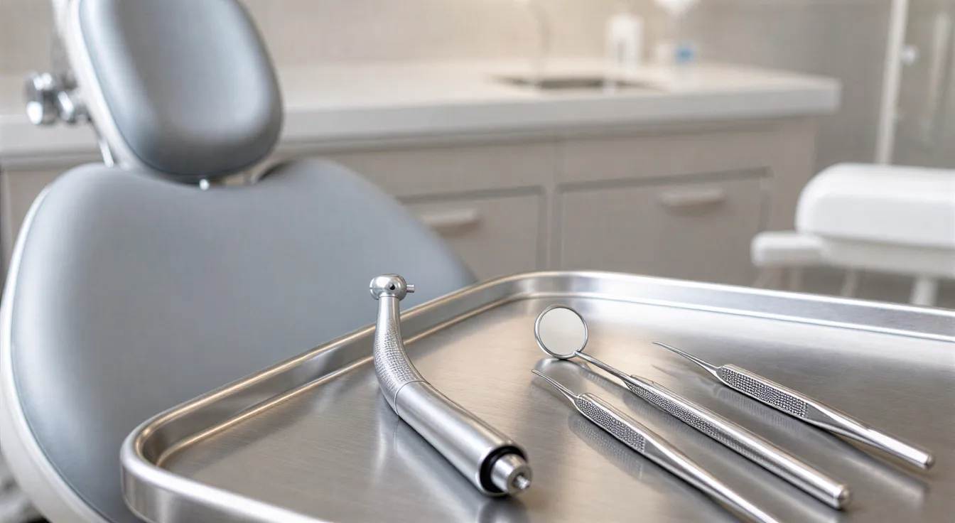 Ein moderner, leerer Zahnarztstuhl mit einem Instrumentenwagen und geordneten Werkzeugen in einem klinischen Raum.