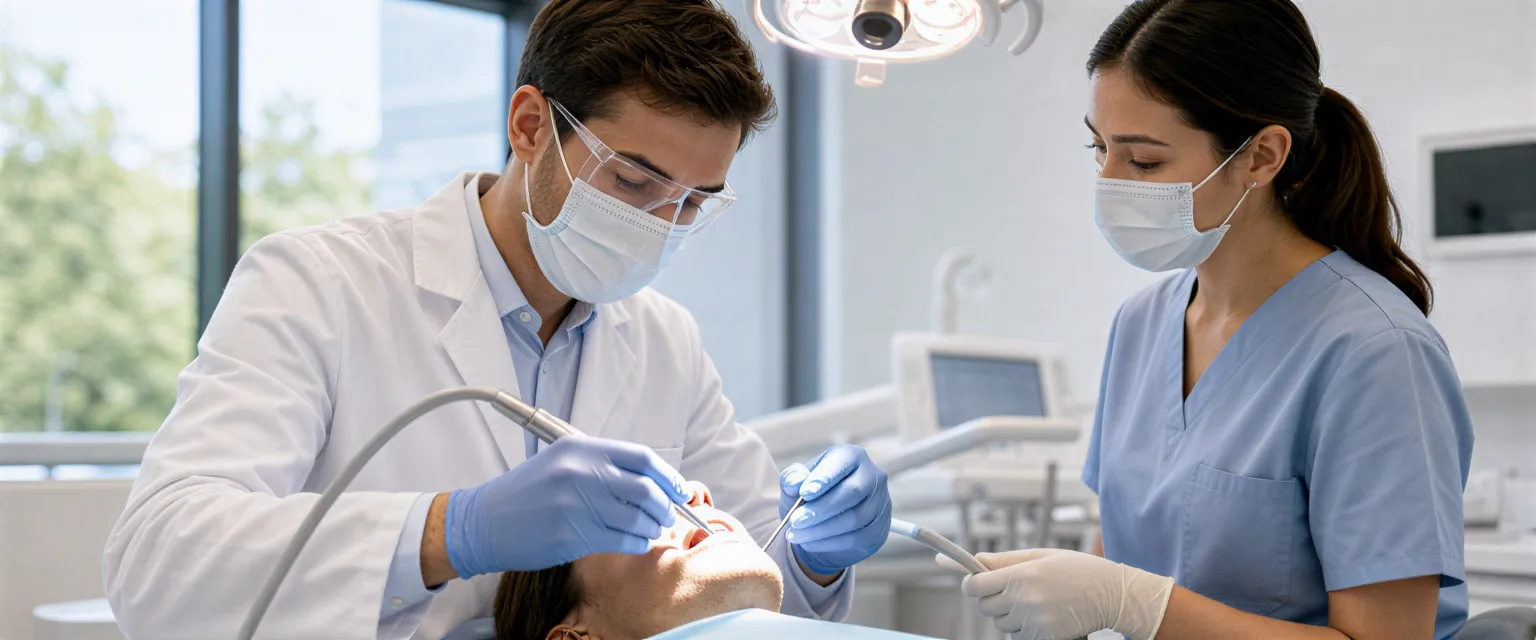 Eine Zahnärztin führt mit einem Ultraschallscaler eine professionelle Zahnreinigung bei einer Patientin durch.