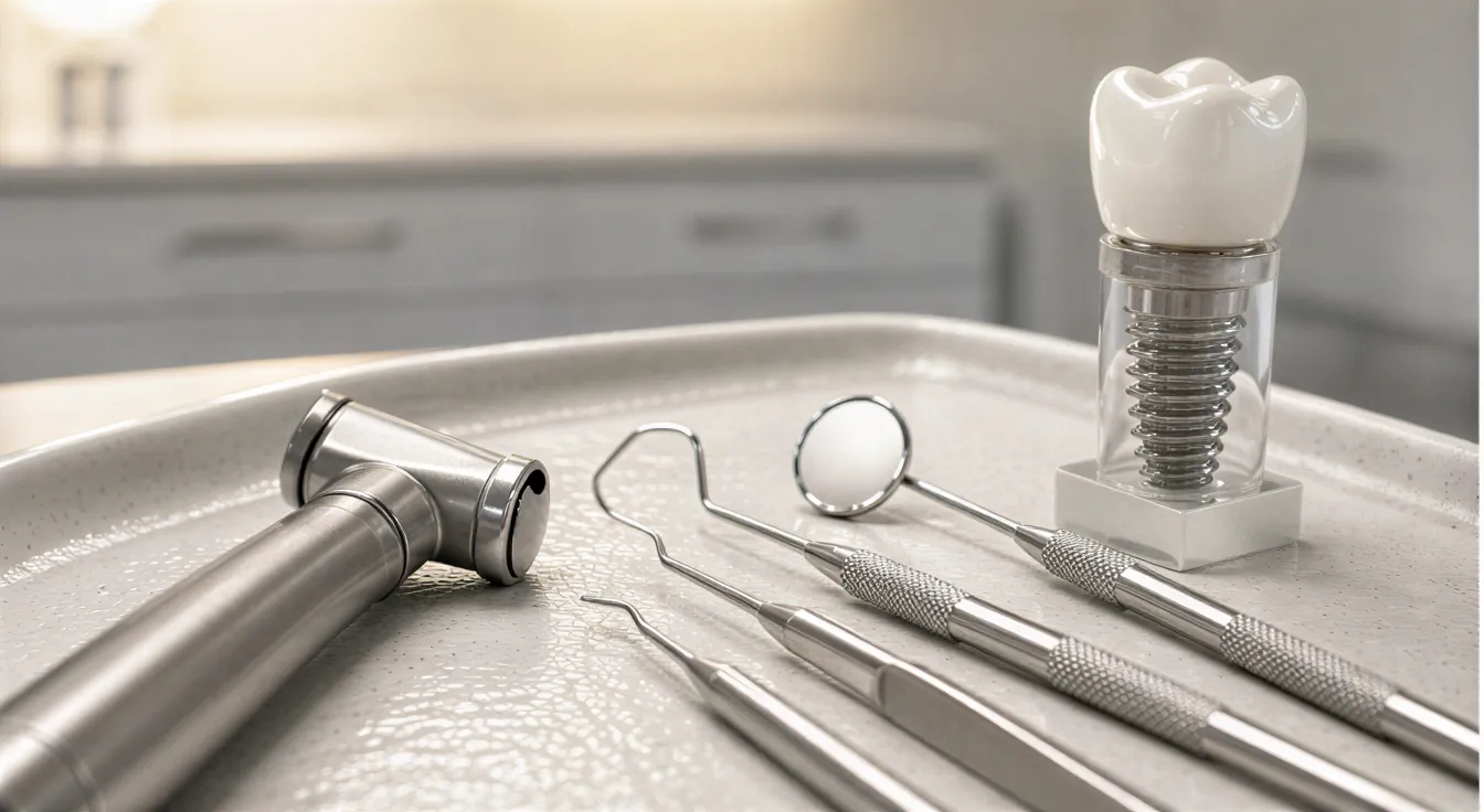 Sterile Zahnarztinstrumente auf einer Keramikschale mit Implantatmodell im Vordergrund.