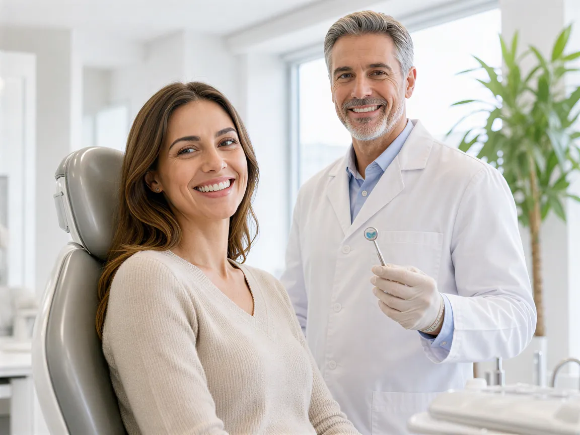 Eine Patientin lächelt zufrieden in einem modernen Behandlungszimmer, während eine Zahnärztin danebensteht.