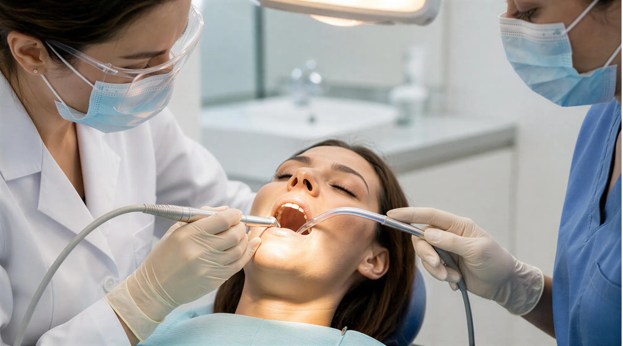 Zahnarzt und Assistentin führen eine professionelle Zahnreinigung an einem entspannten Patienten durch.