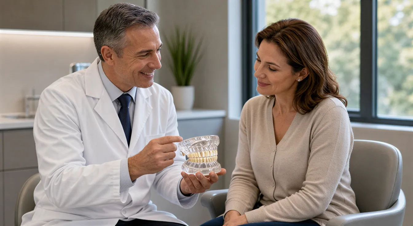 Ein Zahnarzt erklärt einer Patientin anhand eines Gebissmodells eine Behandlung in einem modernen Praxisraum.