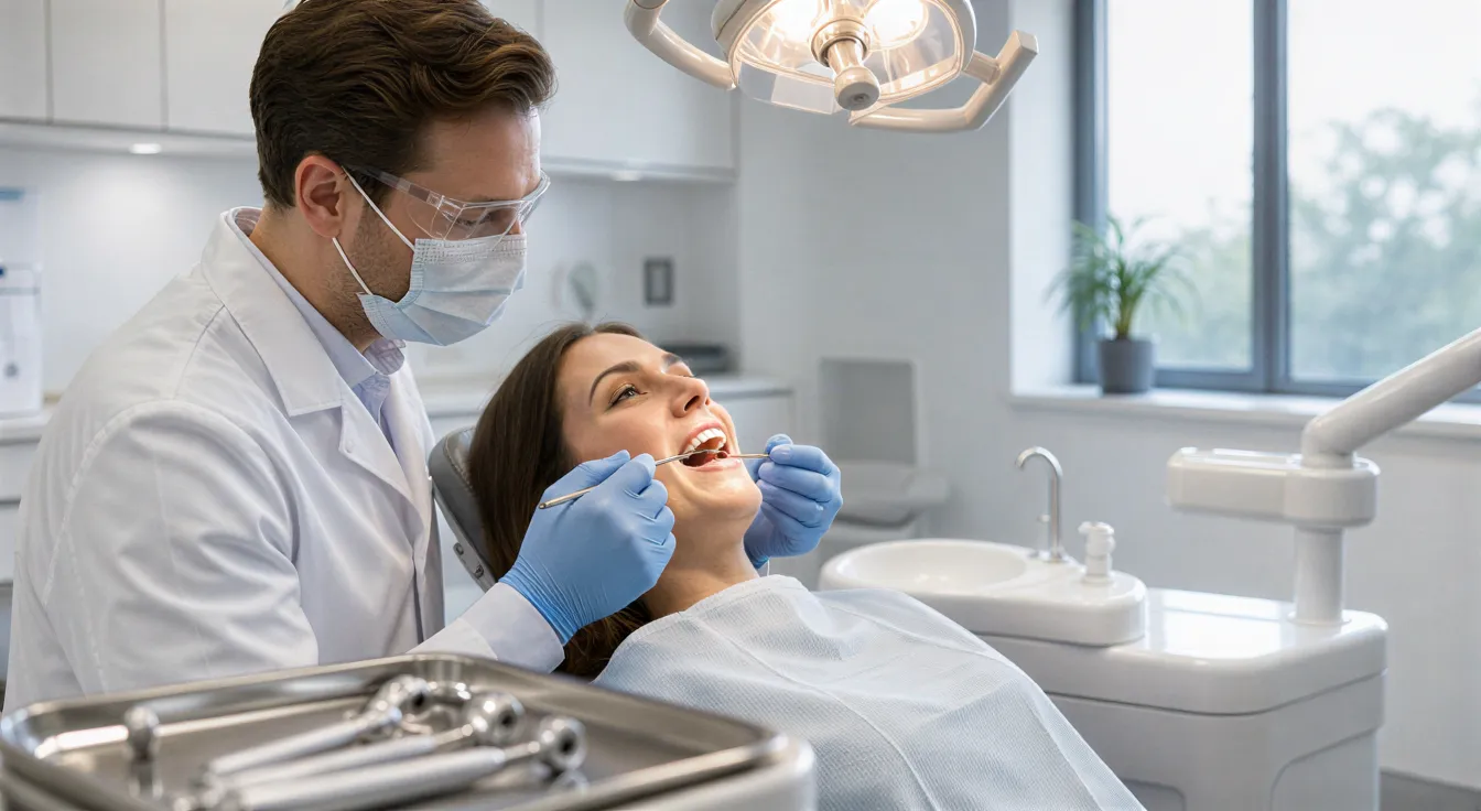 Ein Zahnarzt untersucht einen Patienten in einem modernen, minimalistischen und hygienischen Behandlungsraum.