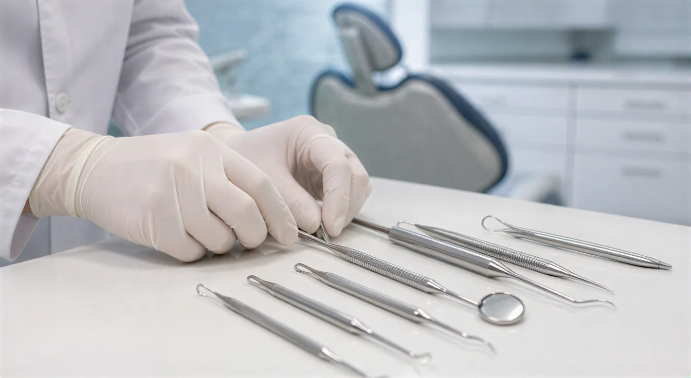 Zwei behandschuhte Hände eines Zahnarztes halten sterile, glänzende Instrumente auf einer hellen Arbeitsplatte.