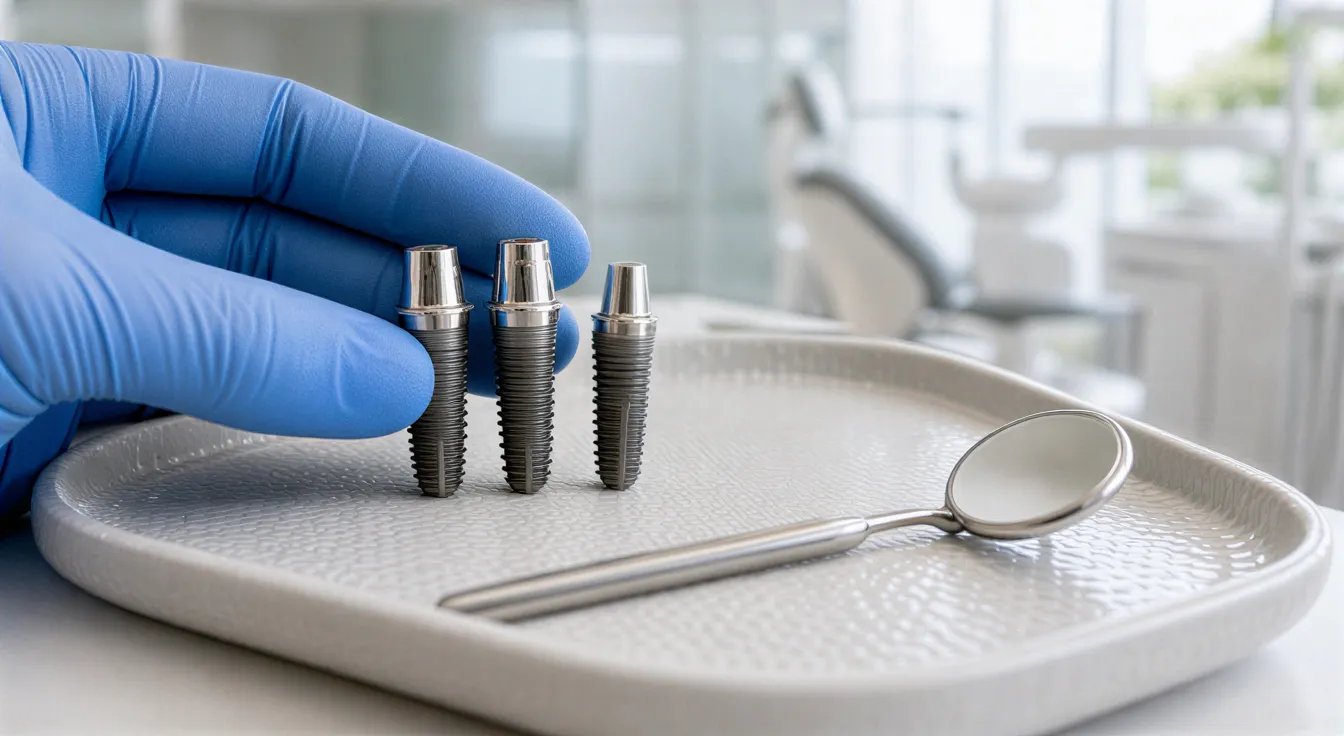 Eine Hand mit blauen Handschuhen hält drei sterile Zahnimplantate auf einer Keramikschale neben einem Zahnspiegel.
