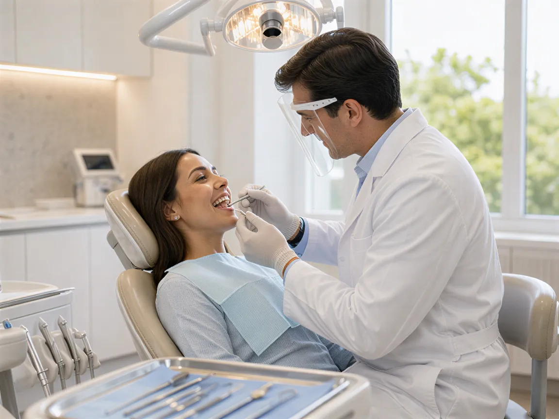 Eine Zahnärztin untersucht lächelnd einen Patienten in einem modernen, hellen Behandlungszimmer.