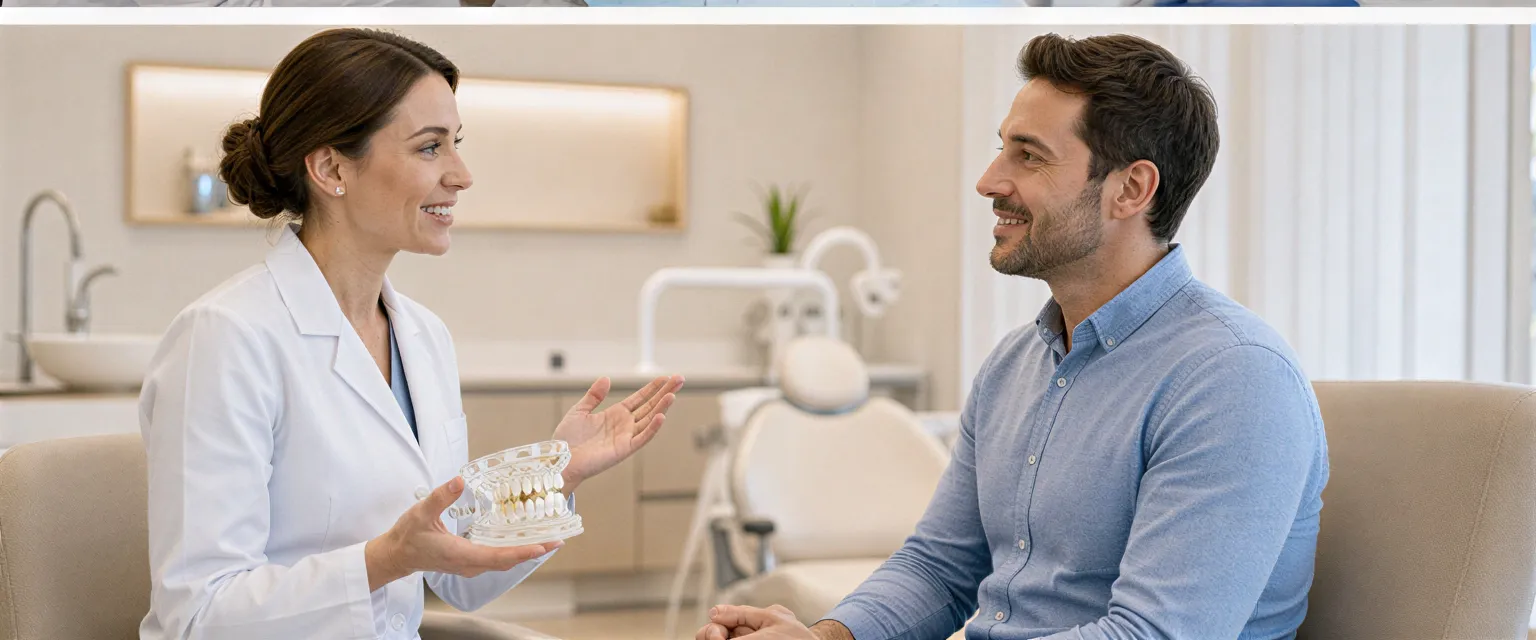 Eine Zahnärztin erklärt einem Patienten einen Eingriff an einem transparenten Kiefermodell in einem hellen Behandlungsraum.