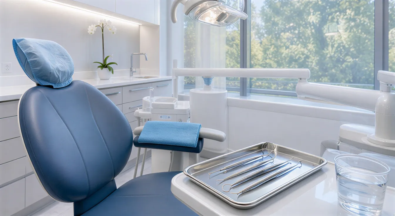 Ein moderner, leerer Behandlungsstuhl mit blauer Kopfauflage und sterilisierten Instrumenten auf einem Tablett.