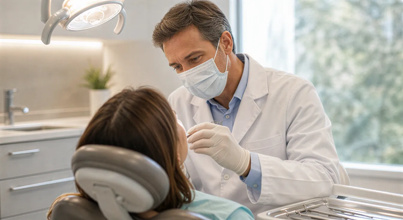 Ein Zahnarzt in weißem Kittel untersucht konzentriert einen Patienten in einem hellen, modernen Behandlungsraum.