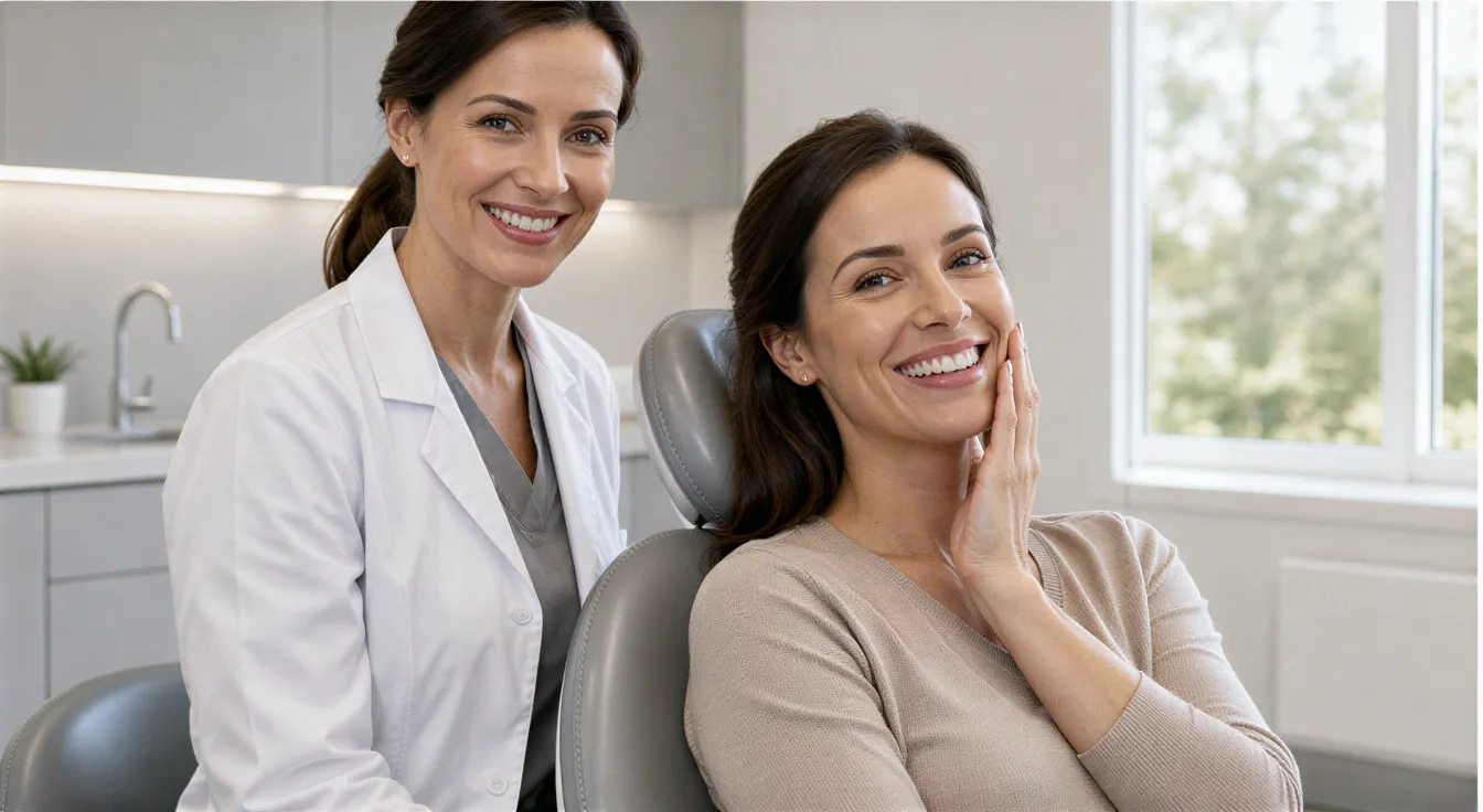 Eine Zahnärztin lächelt neben einer zufriedenen Patientin in einem modernen, hellen Behandlungszimmer.