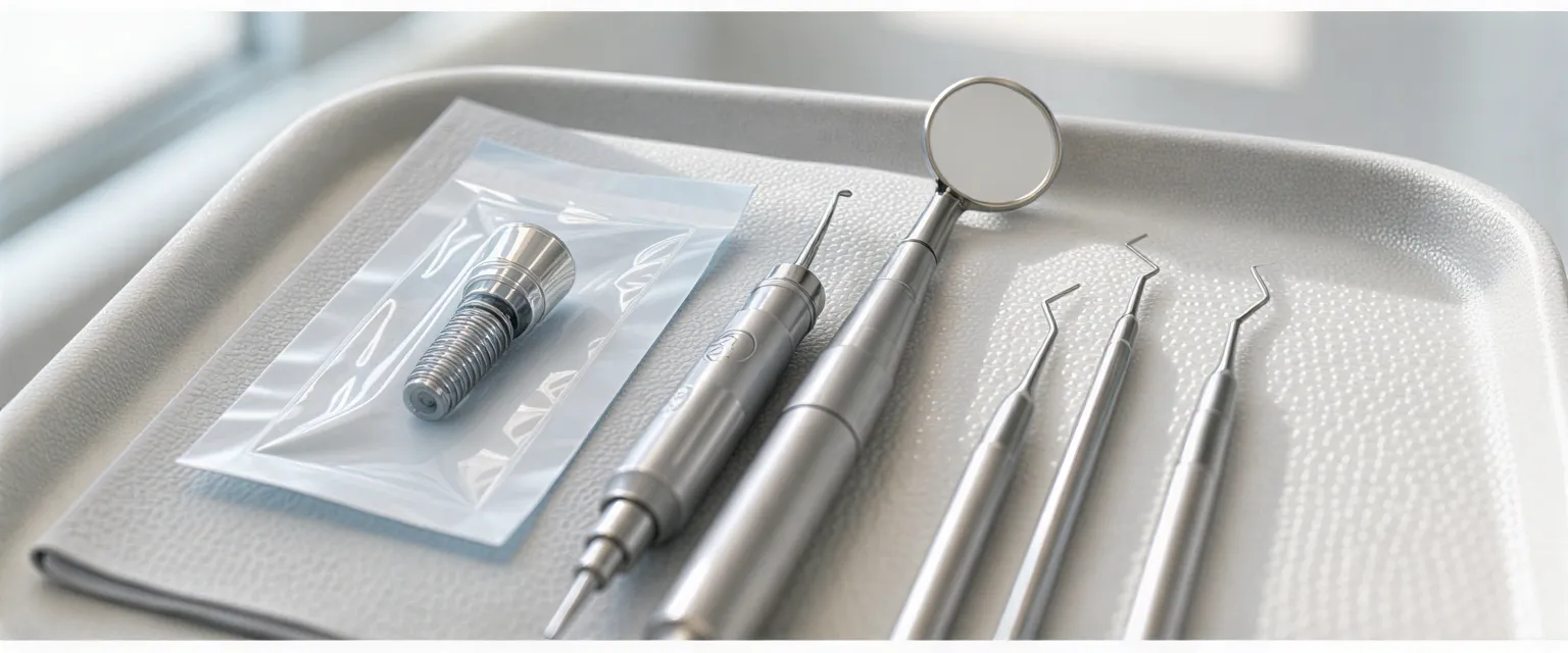 Sterile Zahninstrumente auf einem Keramiktablett in einem modernen Behandlungszimmer bei Tageslicht.