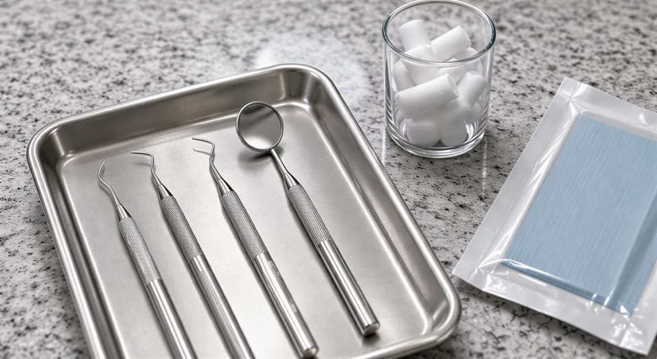 Ein Zahnarztbesteck mit Spiegel, Sonde und Scaler liegt auf einer Granitoberfläche neben einem Glasbecher mit Wattebäuschen.