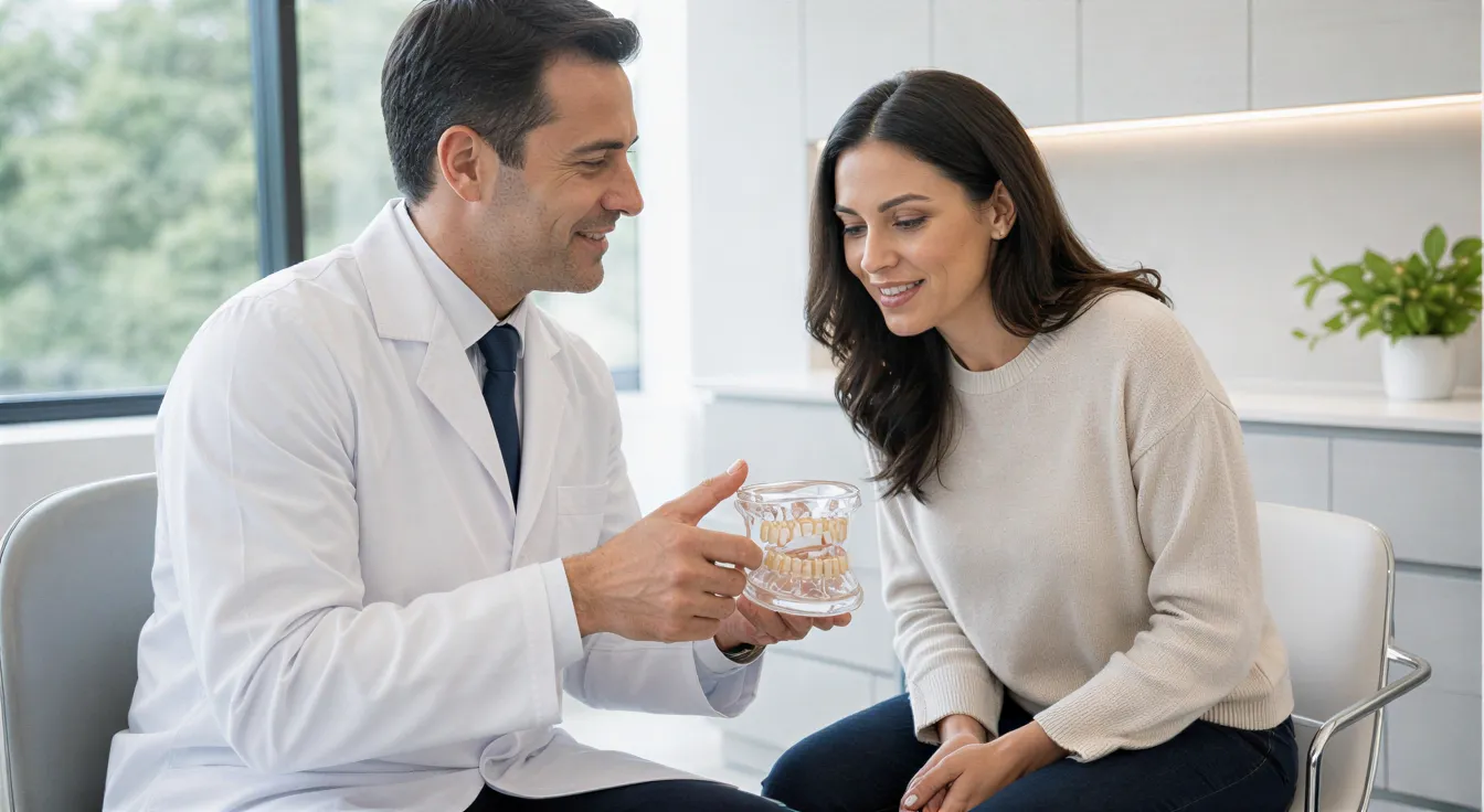 Zahnarzt erklärt einem Patienten anhand eines durchsichtigen Zahnmodells die Zahnstruktur in einem modernen Behandlungsraum.