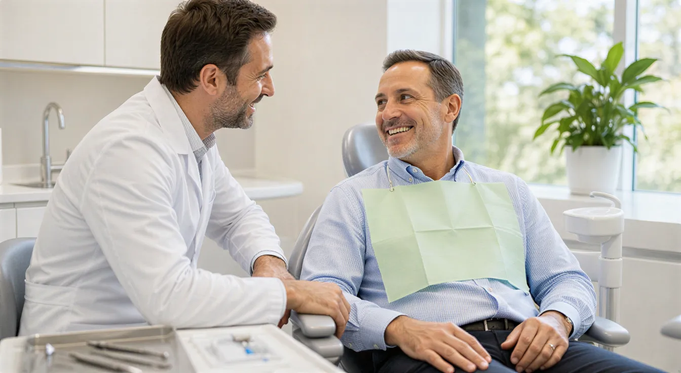 Ein Zahnarzt in weißem Kittel unterhält sich lächelnd mit einem Patienten im Behandlungsstuhl.