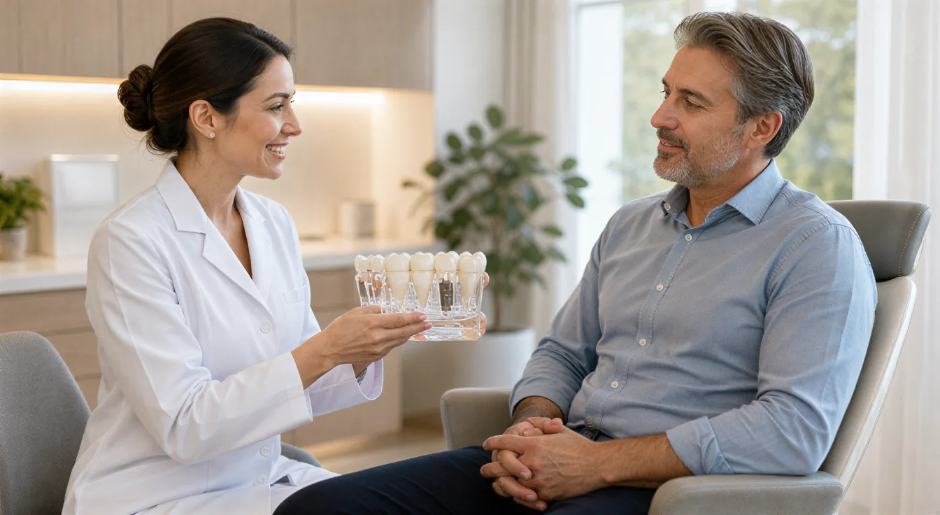 Eine Zahnärztin erklärt einem Patienten anhand eines 3D-Kiefermodells eine Implantatbehandlung in einem modernen