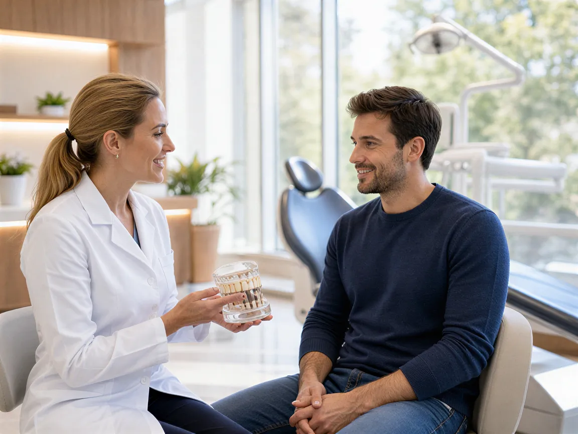Eine Zahnärztin erklärt einem Patienten mit einem Kiefermodell einen Eingriff in einem modernen Behandlungsraum.