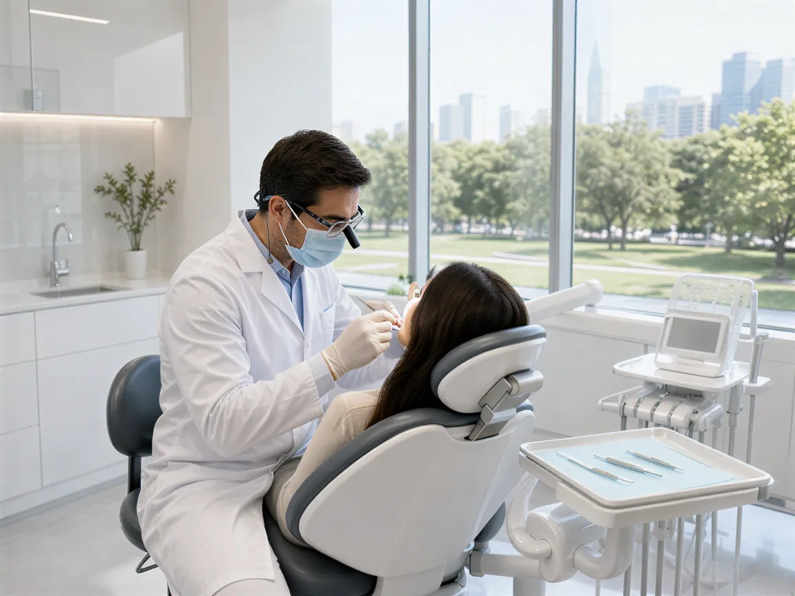 Ein Zahnarzt untersucht behutsam einen Patienten auf einem Behandlungsstuhl in einem hellen, modernen Behandlungszimmer.