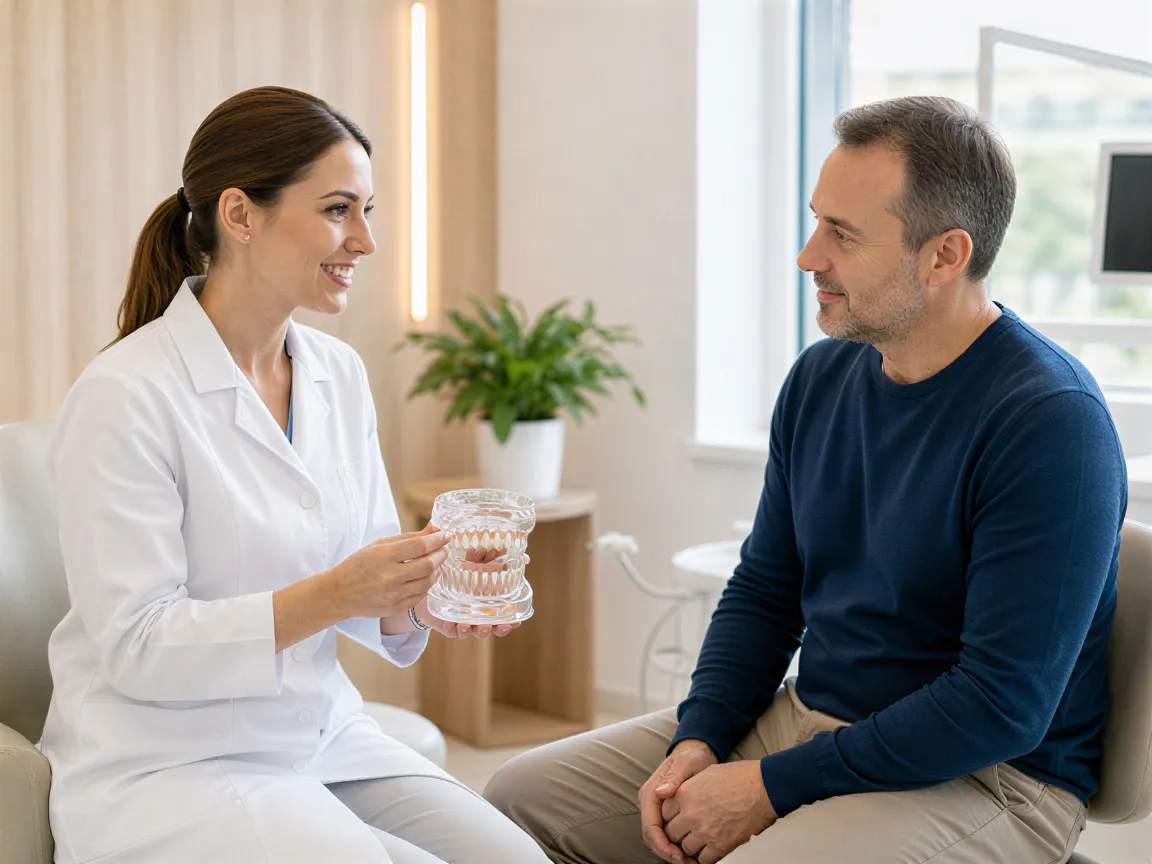 Eine Zahnärztin erklärt einem Patienten mit einem Gebissmodell den Behandlungsplan in einem hellen, modernen