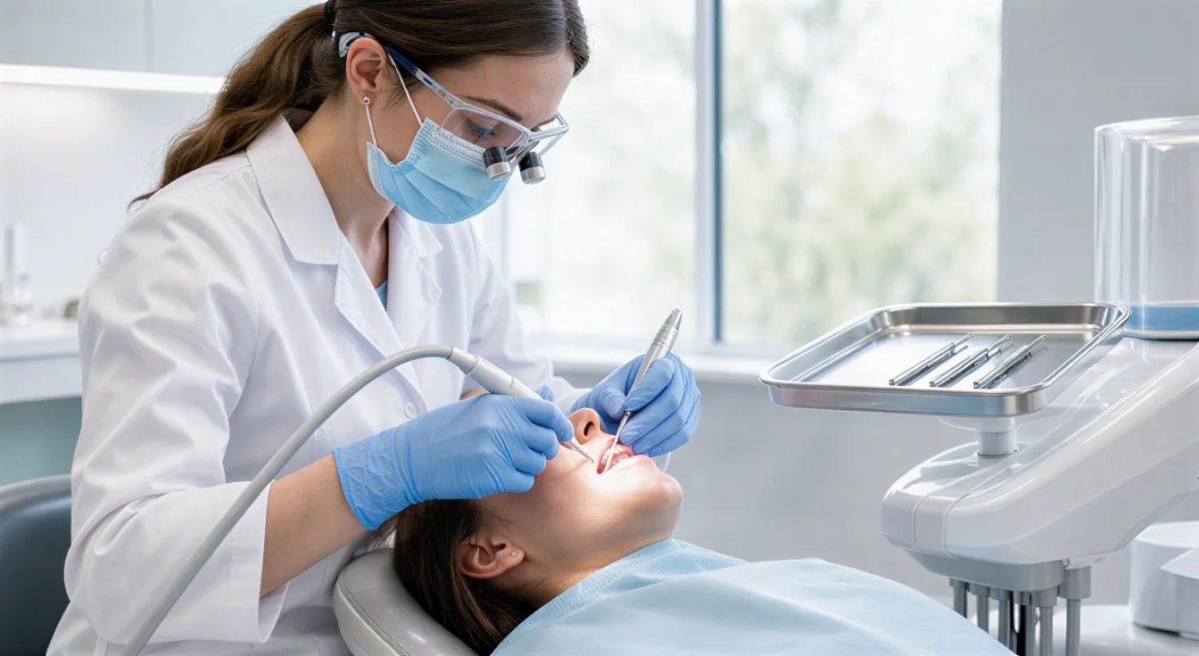 Eine Zahnärztin führt mit einem Ultraschallscaler eine professionelle Zahnreinigung bei einer entspannten Patientin durch.