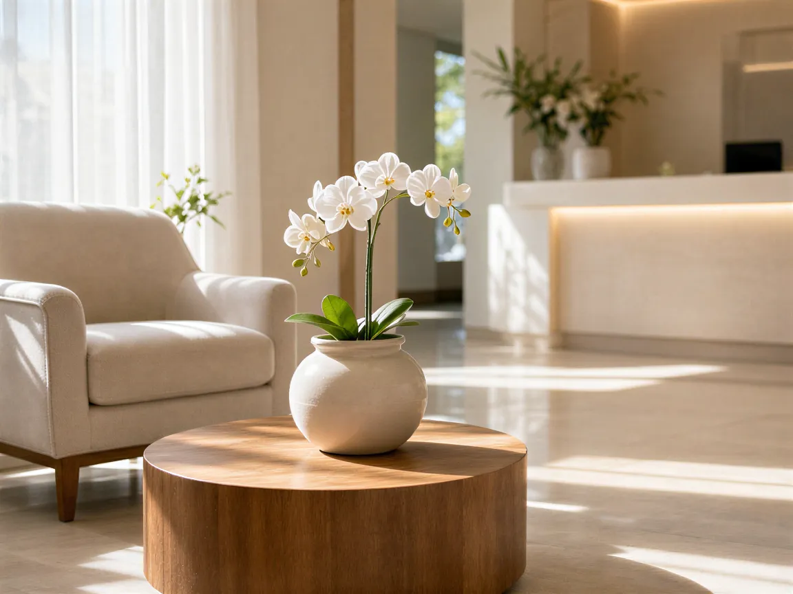 Ein heller, moderner Wartesaal einer Zahnarztpraxis mit einem leeren Sessel, einem Holztisch und einer Vase mit Orchideen im