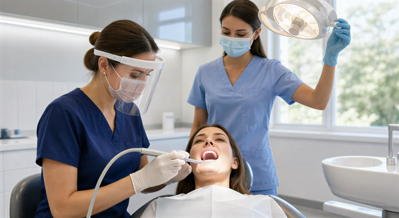 Eine Zahnärztin führt mit einem Ultraschallscaler eine professionelle Zahnreinigung bei einer Patientin durch.