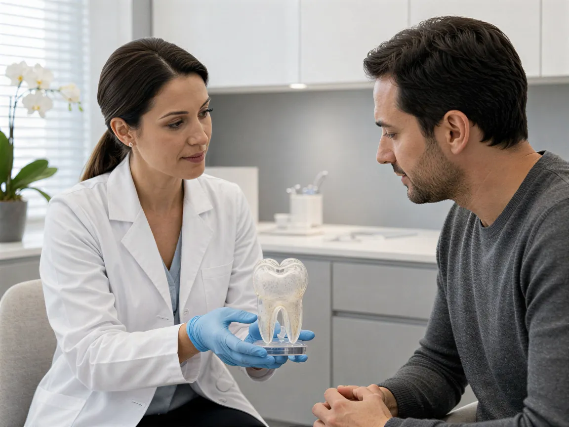 Eine Zahnärztin erklärt einem Patienten anhand eines 3D-Modells eines Backenzahns die Behandlung.