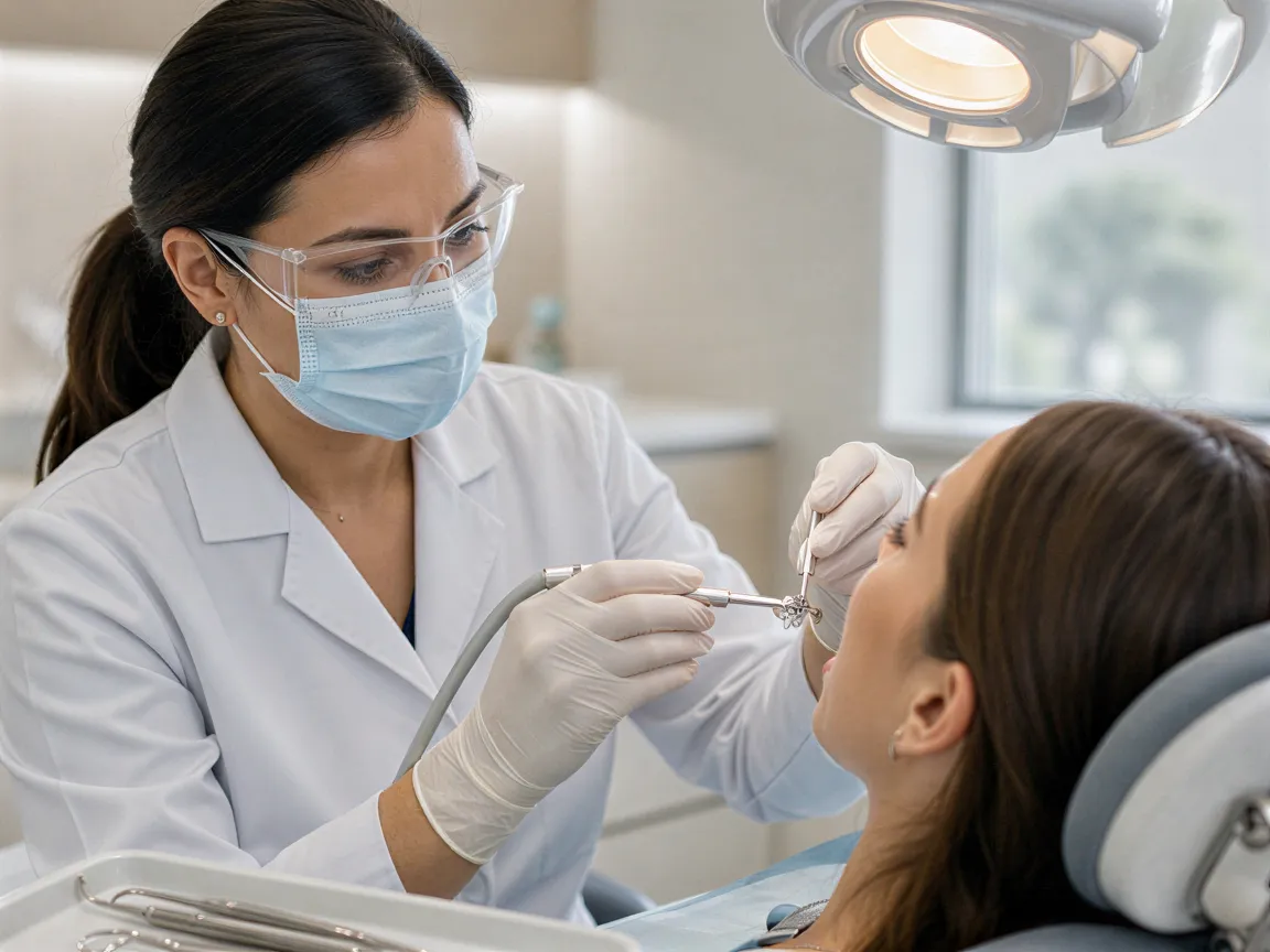 Eine Zahnärztin führt mit Fokus eine professionelle Zahnreinigung an einem Patienten durch.