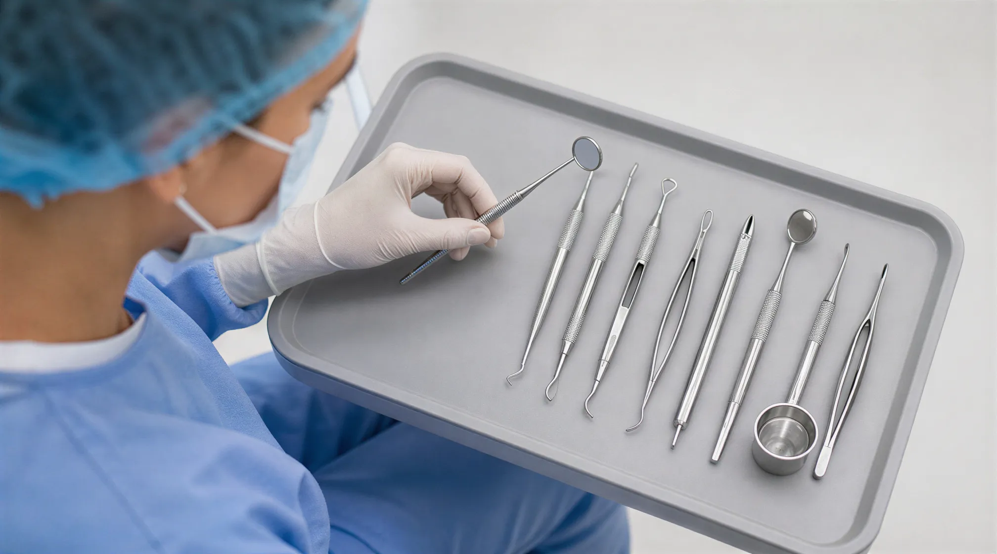 Ein Zahnarzt in blauer Kopfbedeckung und Maske prüft moderne metallische Instrumente auf einem sterilen Tablett.