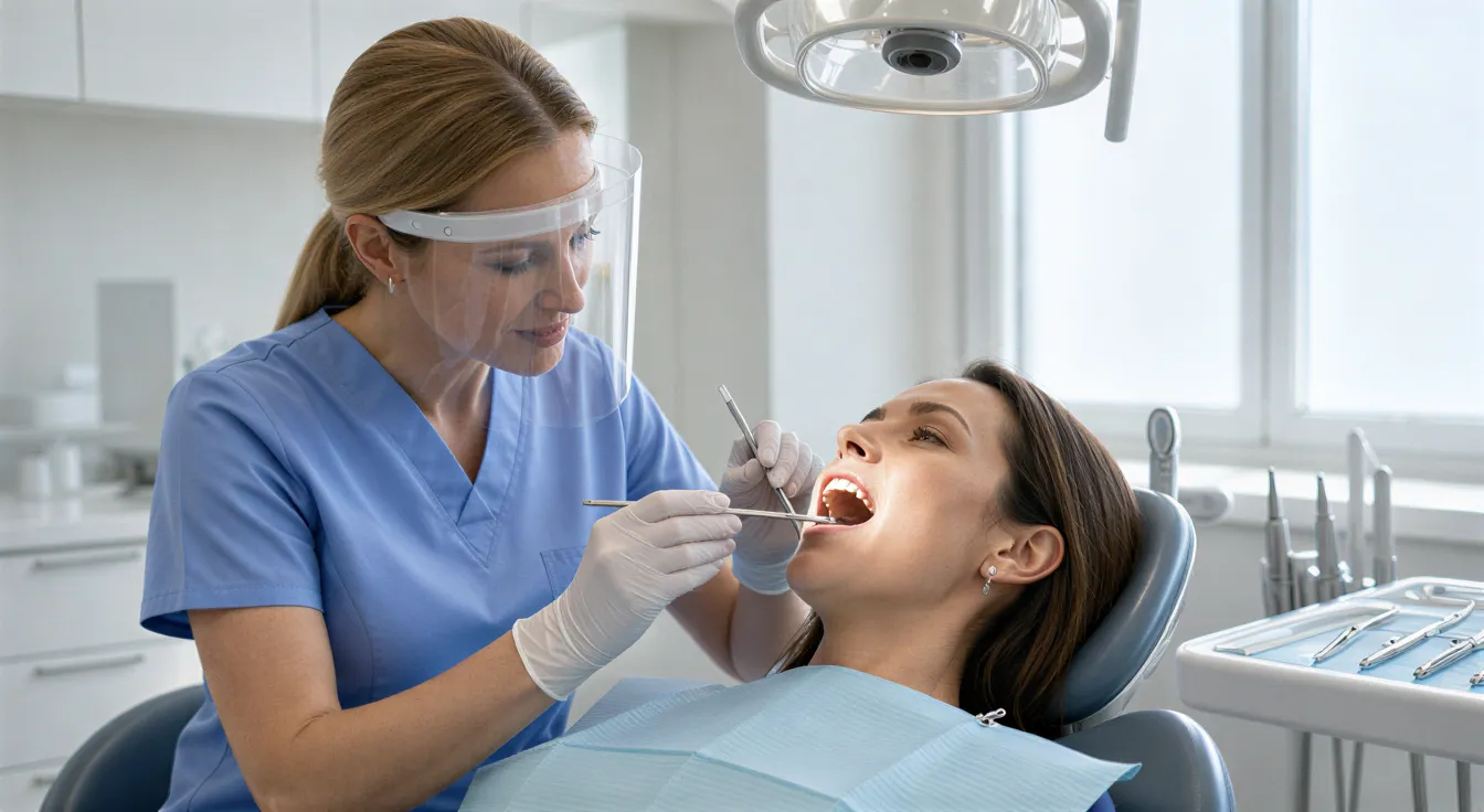 Eine Zahnärztin untersucht aufmerksam einen Patienten in einem modernen, klinisch sauberen Behandlungszimmer.