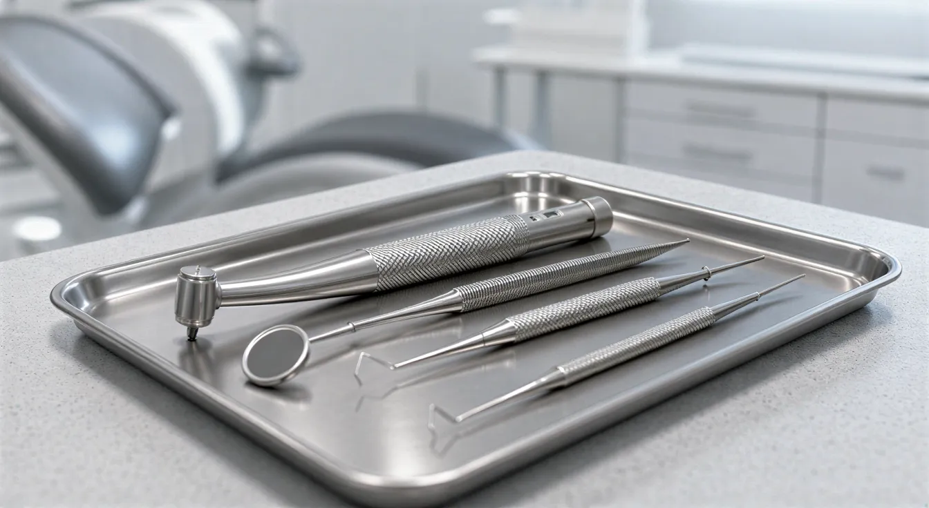 Ein metallischer Instrumententisch mit zahnärztlichen Werkzeugen in einem modernen Behandlungsraum.
