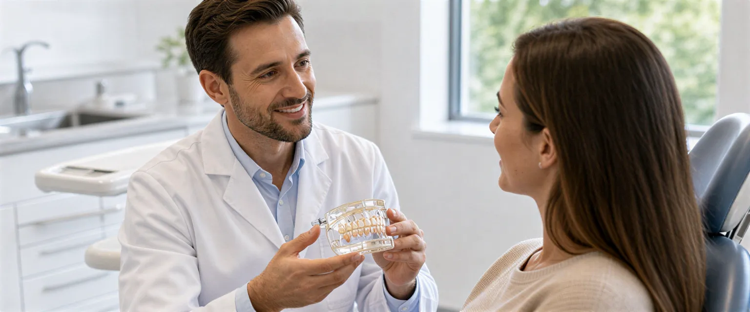 Ein Zahnarzt zeigt einem aufmerksamen Patienten ein transparentes Gebissmodell in einer modernen Praxis.