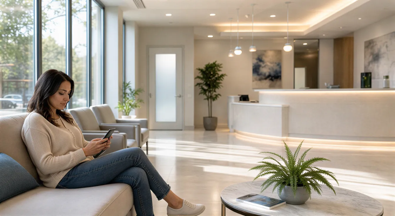 Eine Patientin wartet alleine auf einem modernen Sofa in einer hellen Zahnarztpraxis und schaut auf ihr Handy.
