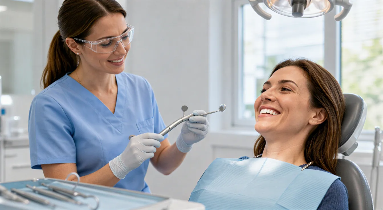 Eine Zahnhygienikerin in blauer Kleidung behandelt mit Instrumenten einen Patienten auf einem modernen Stuhl.