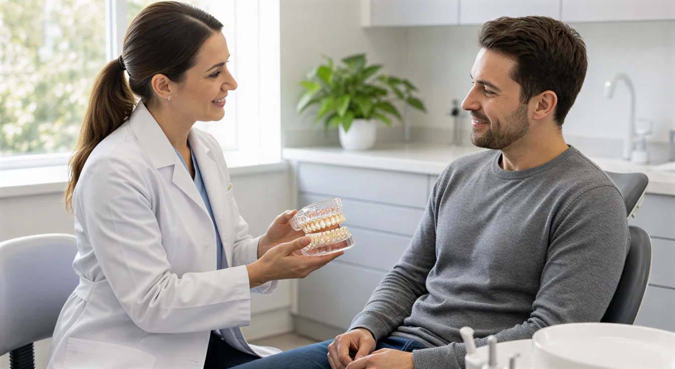 Eine Zahnärztin zeigt einem Patienten ein durchsichtiges Zahnmodell in einem hellen Behandlungsraum.