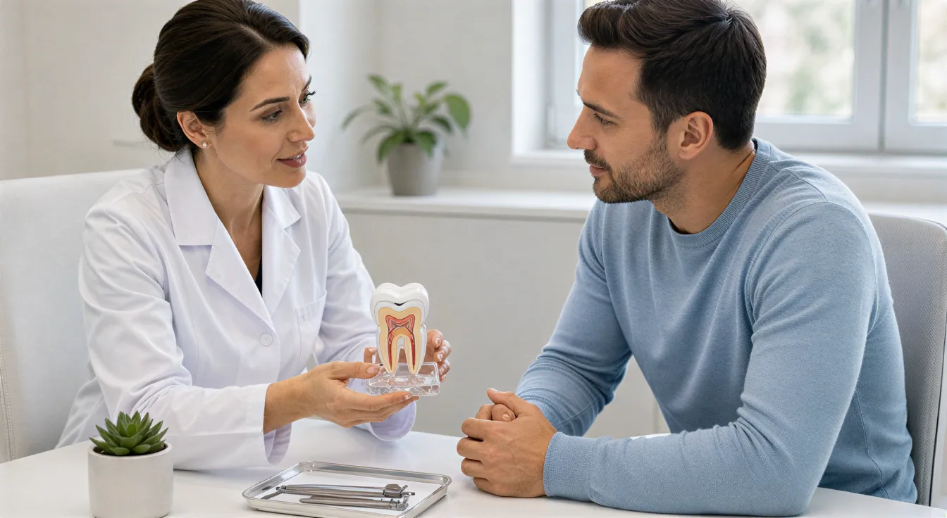 Eine Zahnärztin erklärt einem Patienten anhand eines Zahnmodells eine Behandlung in einem modernen Behandlungszimmer.