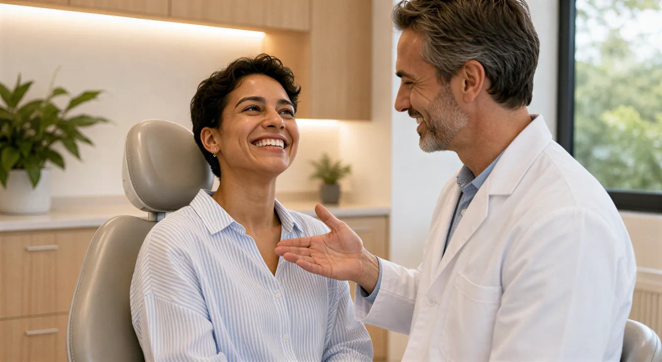 Eine Patientin lächelt zufrieden in einem modernen Zahnarztstuhl, während die Ärztin daneben steht.