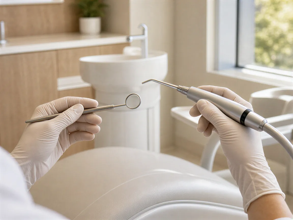 Zwei behandschuhte Hände halten einen Zahnspiegel und eine Spritze über einen leeren Patientenstuhl in einem modernen