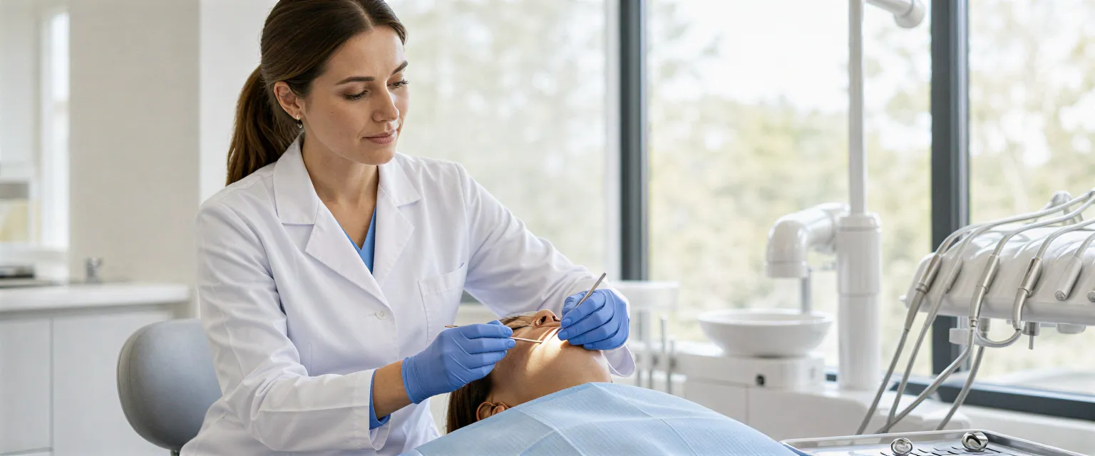 Eine Zahnärztin in weißem Kittel untersucht behutsam einen Patienten in einem modernen, klinisch sauberen Behandlungsraum.