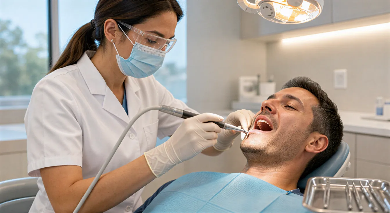 Eine Zahnärztin führt mit einem Ultraschallgerät eine professionelle Zahnreinigung bei einem Patienten durch.